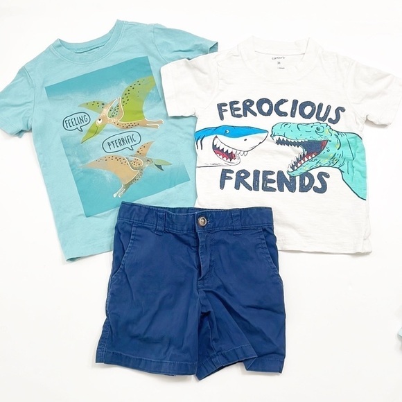 Carter's dinosaur + shark print t-shirts + blue shorts toddler boy matching sets - Picture 1 of 4